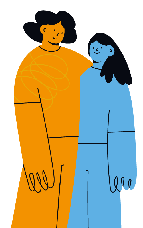 Two brightly coloured people smiling at each other